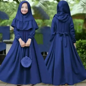 Blue Color Kids Girls Ramadan Abaya With Hijab Full Girls and Children’s Long Sleeved Round Necked Dress and Headscarf Two piece