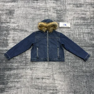 Blue Wash Men’s Oversized Faux Fur Collar Hood Warm Winter Outerwear Loose Fit Zipper Denim Jackets