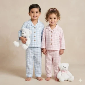 Blue and Pink Gingham Button Down Kids Girls and Boys Pajamas Set Monogrammed 95% Cotton Printed Toddler Sleepwear