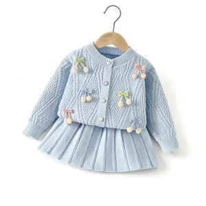 Blue sweater set Girls’ Fall Winter Outfit Sweater and Skirt Set Fashionable Style Sweet Outfits High Quality
