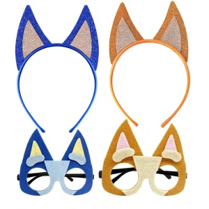 Blueys and Bingo Family Accessory Cartoon Glitter Blueys Dog Ears Headbands with Eyeglasses for Kids Party Cosplay