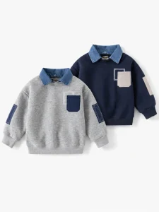 Boutique Boys Autumn Winter Fleece Sweatshirt Detachable Denim Collar Cotton Blend False Two Piece Pullover Kids Fashion Top