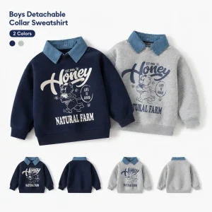 Boutique Boys Detachable Collar Bear Sweatshirt Kids Fashion Cotton Blend Long Sleeve Pullover Autumn Casual