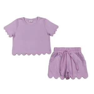 Boutique Casual Girls Clothing Sets Cotton Summer Solid Color Scallop Edge T shirt Short Outfits Kids Clothes Sets