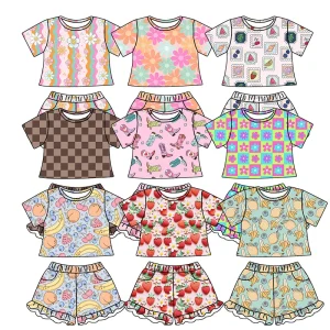 Boutique Girls Clothing New Lovely Crop Length Crewneck Shirt Matching Ruffle Shorts Two Pieces Girls Summer Clothes Sets