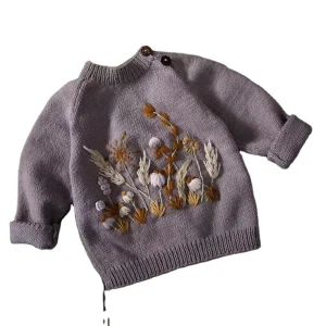 Boutique Handmade Embroidery Vintage Blend Knitted Pullover Pointelle Baby Knit Kids Girls Sweater Design