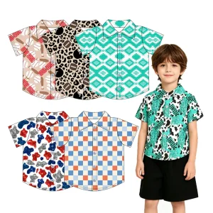 Boutique Kids Boy Short Sleeve Shirt Summer Outwear Infant Baby Soft Cotton Fabric Custom Printing Top