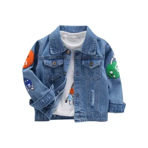 Boutique Korean Spring Baby Boys Denim Jacket Toddler Boys Embroidery Cartoon Print Cowboy Lapel Coat Eco Friendly Breathable