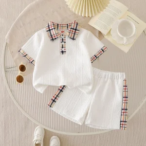 Boy Clothes Summer Style Children’s Wear Boy’s Plaid Patchwork T Shirt and Shorts Set Two Pieces
