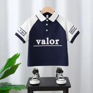 Boy Outdoor Wear Casual White and Black Short Sleeve Polo T-shirt Child Boys Simple Printed Letter