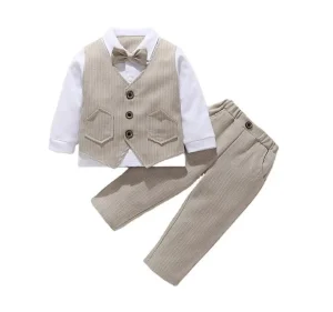 Boy’S Gown Suit Spring and Autumn Children’S Striped Vest Pants Set Handsome Kids Clothes