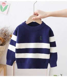 Boys Acrylic Cartoon Striped Round Neck Pullover Sweater New Style Trendy Autumn Winter Children Clothing