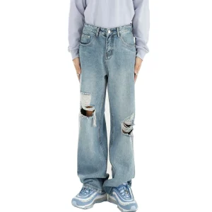 Boys Baggy Streetwear Ripped Stack Denim Jeans Pants Men Manufacturer Distressed Knee Hole Jeans Blue Designer Jeans