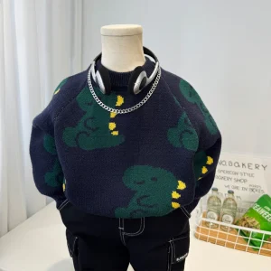 Boys’ Cartoon Cotton Blend Pullover Sweater Autumn Children’s Stylish Dinosaur Thickened Baby Korean style Knitted