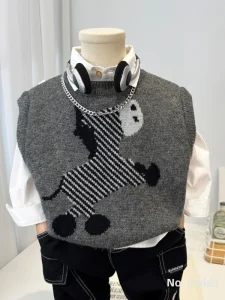 Boys’ Cartoon Knitted Vest Spring Fashionable Baby Sweater Sleeveless Top Children’s Korean Casual Cotton Blend Vest