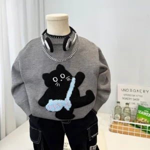 Boys’ Cartoon Sweater Autumn Winter Children’s Stylish Cat Thick Warm Loose Knit Top Baby Korean Fashion Upper Clothing