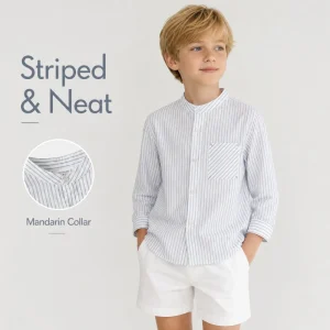Boys’ Casual Cotton Fine Striped Three Quarter Sleeve Printed Stand-Collar Shirt