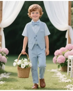 Boys Casual Cotton Solid 2 Piece Short Sleeve Pants Summer Gentleman Boy Suit with Waistcoat