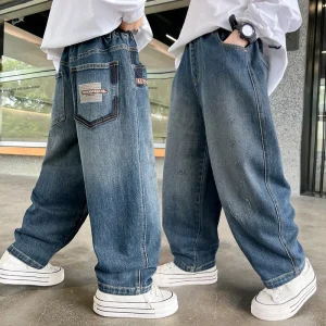 Boys Casual Denim Pants Breathable Polyester Cotton Spring Autumn Jeans Vintage Washed Loose Wide Leg Pants