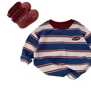 Boys Casual Loose Long Sleeved Striped T Shirt Spring Autumn Breathable Cotton O Neck Baby Kids Clothes