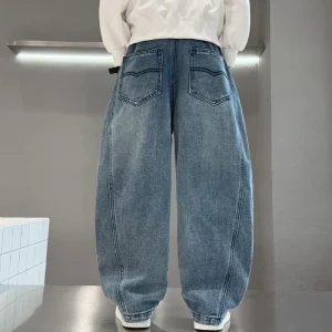 Boys Casual Loose Straight Leg Soft Denim Jeans for Middle Big Kids Breathable Sand Wash Elastic Waist Spring Autumn Wear