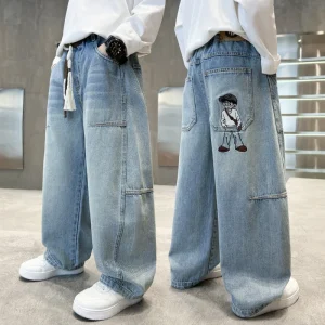 Boys Casual Loose Straight Leg Soft Denim Jeans for Middle Big Kids Breathable Sand Wash Elastic Waist Spring Autumn Wear