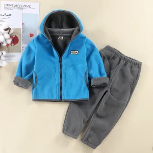 Boys Casual Solid Velour Sky Blue Thick Winter Warm Hooded Fleece Jacket and Pants Sets for Toddlers