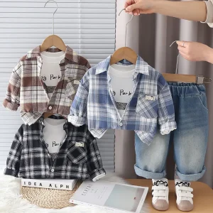 Boys’ Casual Spring 3 Piece Set Kids Plaid Shirt Long Sleeve Spring Autumn Daily Outfits for Little Boys