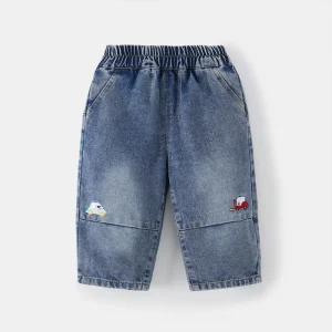Boys Casual Straight Leg Jeans with Cartoon Embroidery Soft Denim Pants for Spring and Fall Daily Wear