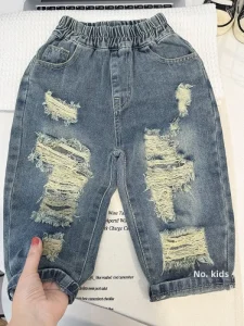 Boys’ Casual Wash Denim Jeans Spring Loose Ripped Wide Leg Elastic Waist Trousers