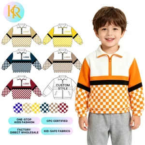 Boys Checkerboard Color Block Kids Pullover Half Zip Long Sleeve Sweatshirt Boys Turndown Collar Hoodies