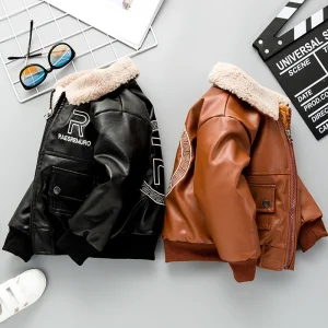 Boys’ Children’s Thick Fleece-Lined PU Leather Motorcycle Jacket with Zipper Closure Eco-friendly Autumn Winter Coat