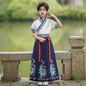 Boys’ Chinese Han Style Horse Faced Skirt Suit Summer Antique Tang Costume