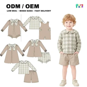 Boys Clothing Set Plaid Shirt Shorts Set Peter Pan Collar Long Sleeve Top Khaki Shorts 2pcs Set Boutique Kids Clothes