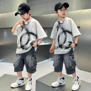 Boys Clothing Set Short Sleeves Casual T shirt and Jeans Pants 2 Pcs Sport Outfit