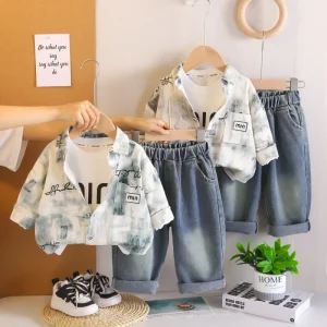 Boys Clothing Set Solid Ink Wash Style 3 Piece Long Sleeve Shirt Customizable Trousers Age 0 5 Years All Seasons