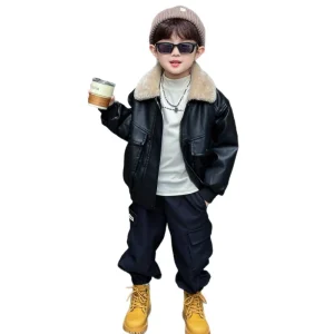 Boys Coats Autumn Winter Fashion Children’s Plus Velvet Warm PU Leather Jacket Motorcycle Jacket