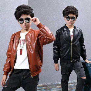 Boys Coats Autumn Winter Korean Children’s Add Velvet Warming Cotton PU Leather Jackets for Kids 6-15y