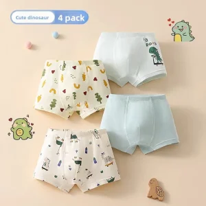 Boys Cotton Boxer Briefs 4 Pack Dinosaur Print Soft Breathable Toddler Elastic Waistbands Boys Cotton Underwear