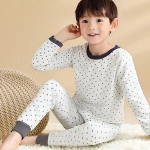Boys Cotton Pajamas Set Warm Breathable Soft Jersey Long Sleeve Polka Dot Toddler Sleepwear Contrast Trim for Children