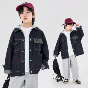 Boys Denim Blouson Jacket Embroidered Breathable Spring Single Breasted Button Front Pocket Multi-Scene School and Trip