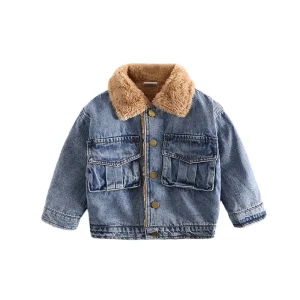 Boys Denim Coat Sherpa Jackets With Fur Winter Fleece Thick Kids Jacket