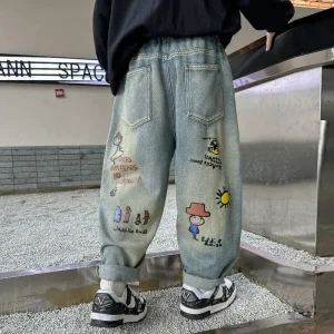 Boys Denim Jeans Spring Autumn Fashionable Printed Soft Handling Loose Trousers Medium Large Children’s Wear Boys’ Printed Jeans
