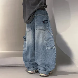 Boys’ Denim Jeans Spring Street Style Sand Washed Mid Waist Rubber Band Waistband Letter Print Trendy Sports Kids’ Clothing