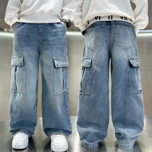 Boy’s Denim Straight Jeans Spring Autumn Casual Breathable Quick Dry Large-Sized Work Pants