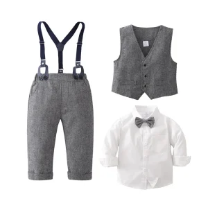 Boys Dress Children’s Clothing Spring and Autumn New Baby Long Sleeved Shirt Vest Overalls Overalls Foreign Style Suit