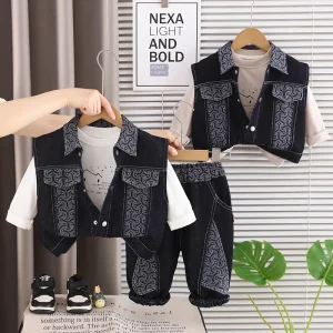 Boys Fall Polyester/Cotton Plaid Pattern Three-Piece Shirt and Waistcoat Set for Toddlers
