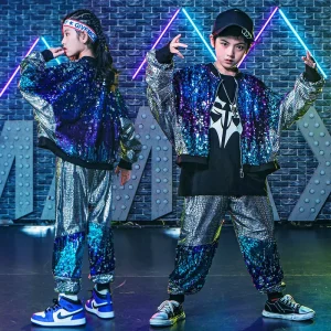 Boys Girls Chinese Minority Clothing Dance Set Silver Sequin Embroidered 100% Polyester Costumes Performance Wear