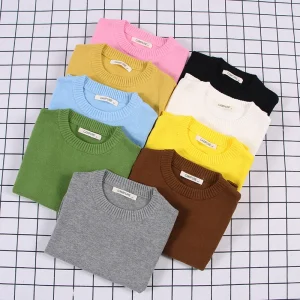 Boys Girls Kid’s Plus Size Standard Knitted Sweater Autumn Winter Solid Color Neck Pullover Breathable Candy Color