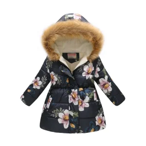 Boys Girls Outerwear Multi-color Printing Thick Warm Long Fur Collar Hooded Cotton Coat Kids Winter Jackets